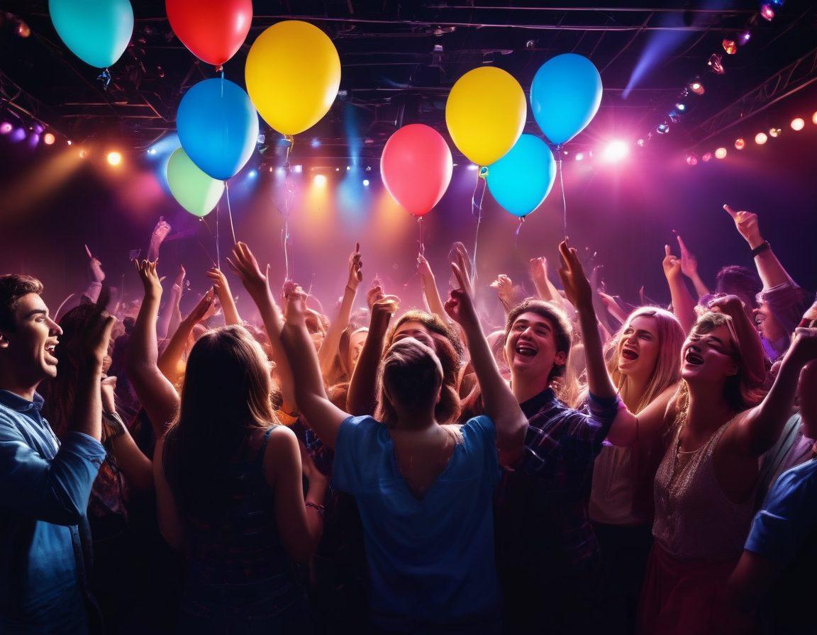 A lively karaoke scene featuring a diverse group of friends singing together on stage, with colorful spotlights shining down and a vibrant crowd cheering them on. Include elements of fun music games like interactive microphones and music notes floating around. The backdrop should feature lively decorations and musical instruments, creating an immersive party atmosphere. super-realistic. vibrant colors. dynamic composition.