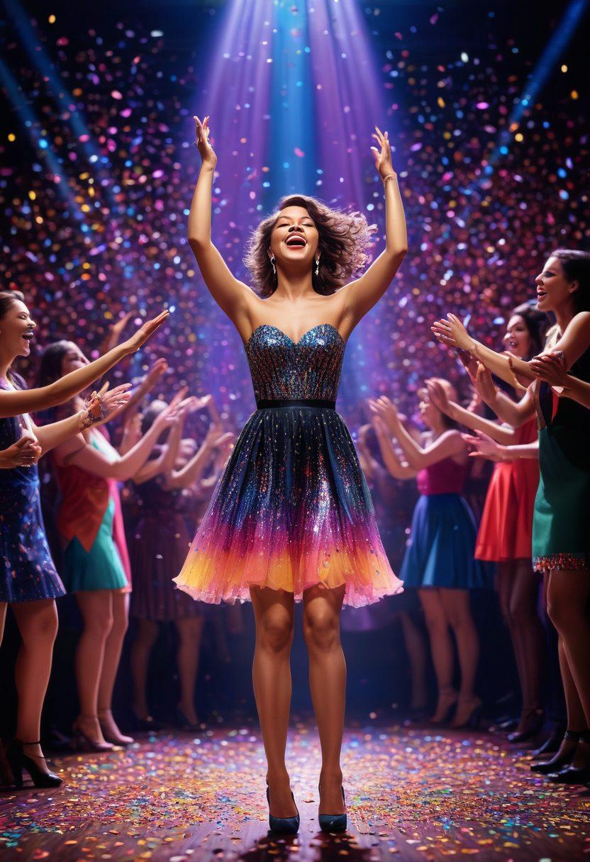 A captivating scene of a novice singer confidently performing on a colorful stage, with a spotlight shining down and an enthusiastic crowd cheering in the background. Musical notes and playful confetti fill the air, symbolizing joy and celebration. The singer wears a stylish outfit, embodying charisma and talent. Show a vibrant array of stage lights illuminating the atmosphere, enhancing the lively mood. super-realistic. vibrant colors. dynamic composition.