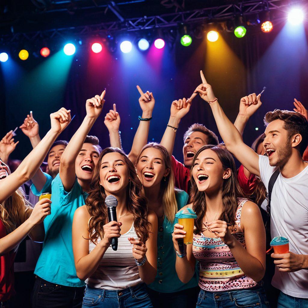 A lively karaoke party scene with people singing passionately on stage under colorful lights, surrounded by cheering friends holding drinks and snacks. Include fun decorations like music notes and microphones in the background, and a spotlight highlighting the performers. Captivate the energy with a warm and inviting atmosphere, showcasing a mix of excited expressions and camaraderie. vibrant colors. 3D. festive.